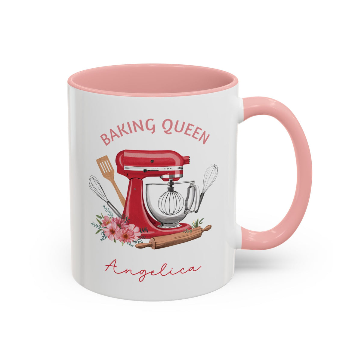 A white ceramic 11oz mug with a pink interior, pink handle, and a baking-themed graphic featuring a red stand mixer, pink flowers, a wooden spatula, whisk, and rolling pin. The text reads 'BAKING QUEEN' above the illustration and 'Angelica' below in pink script. Right handle view.