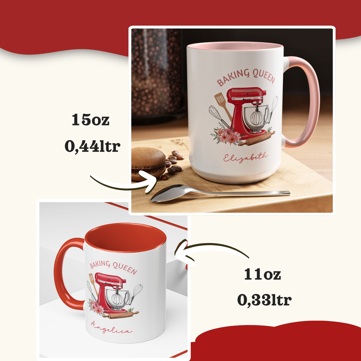 Two customizable ceramic mugs with baking-themed illustrations, shown with text indicating 15oz/0,44ltr and 11oz/0,33ltr sizes. The mugs are white with red interiors and handles, featuring a red stand mixer and floral design with customizable names 'Elizabeth' and 'Angela'.