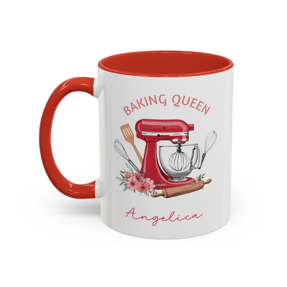 A white ceramic 11oz mug with a red handle and red interior, featuring a baking-themed graphic with a red stand mixer, pink flowers, a wooden spatula, whisk, and rolling pin. The text reads 'BAKING QUEEN' above the illustration and 'Angelica' below in red script. Left handle view.