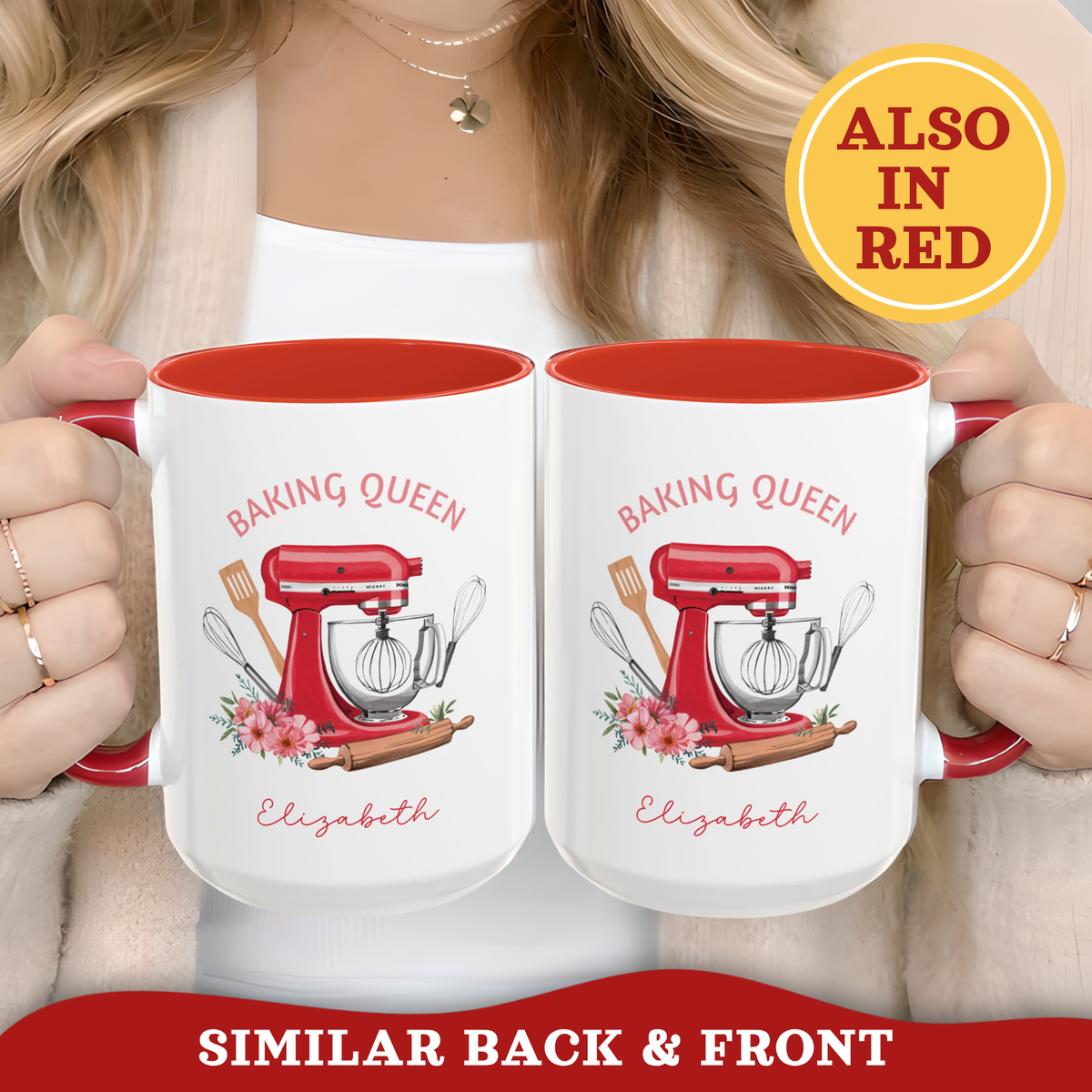 Two white ceramic 15oz mugs with red interiors and handles are held by a woman. Both mugs feature a red stand mixer illustration with baking utensils, pink flowers, and the text 'BAKING QUEEN' and 'Elizabeth'.