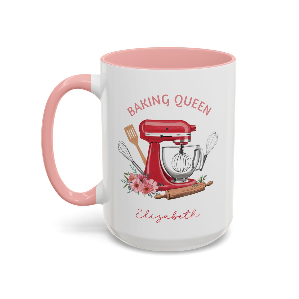 A white ceramic 15oz mug with a red interior and red handle, featuring a baking-themed graphic with a red stand mixer, wooden utensils, pink flowers, a rolling pin, and the text 'BAKING QUEEN Elizabeth' on a white background. Left handle view.