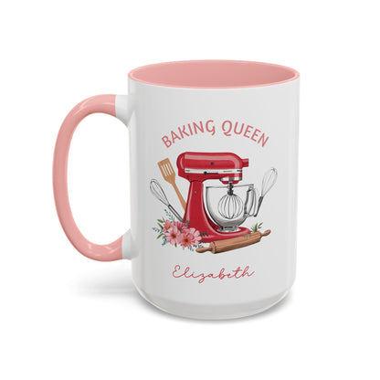 A white ceramic 15oz mug with a red interior and red handle, featuring a baking-themed graphic with a red stand mixer, wooden utensils, pink flowers, a rolling pin, and the text 'BAKING QUEEN Elizabeth' on a white background. Left handle view.
