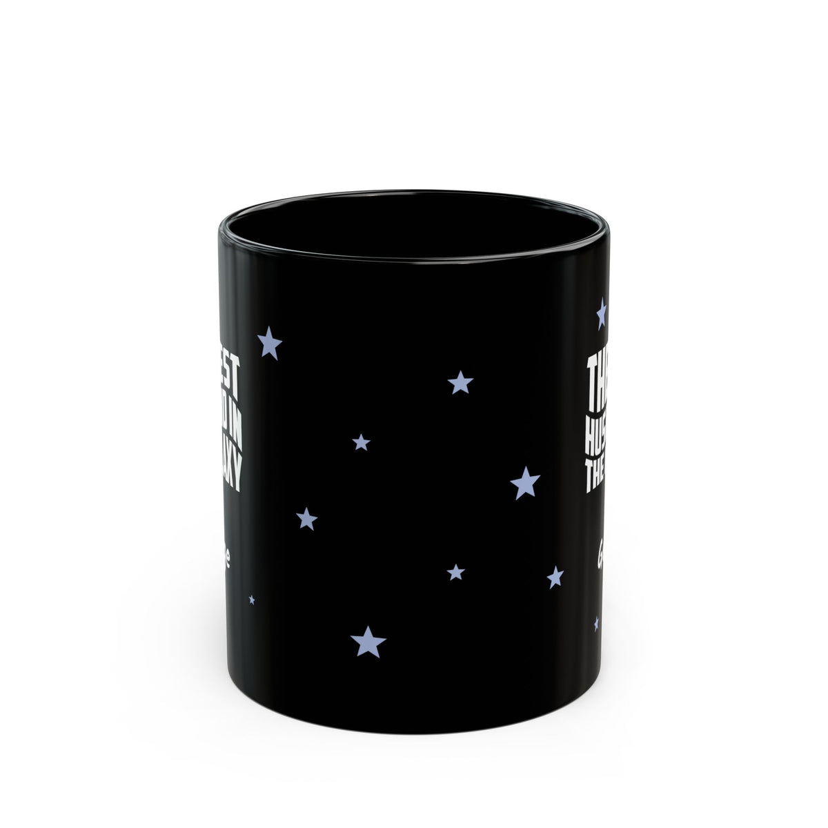Side view of black ceramic 11oz mug with a starry night sky design, featuring white text on the sides and small light blue stars scattered across the surface. Mug is shown against a plain white background.