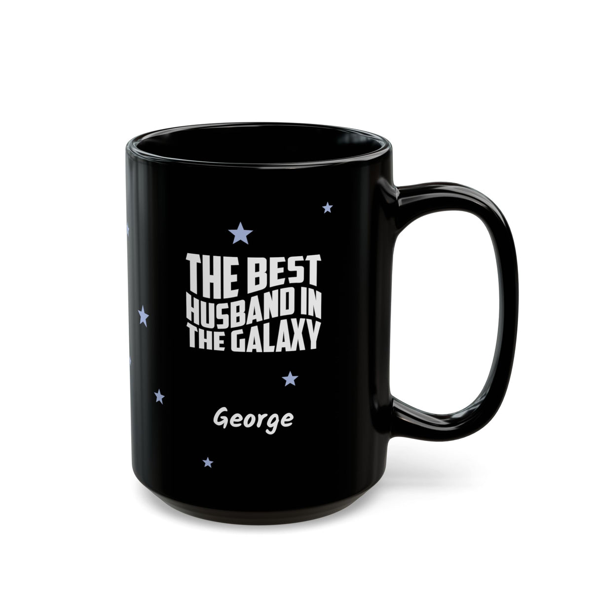 Black 15oz mug with small light blue stars and white text 'Best Husband in the Galaxy' with a personalize name below. Right handle view. Mug is placed on a white background