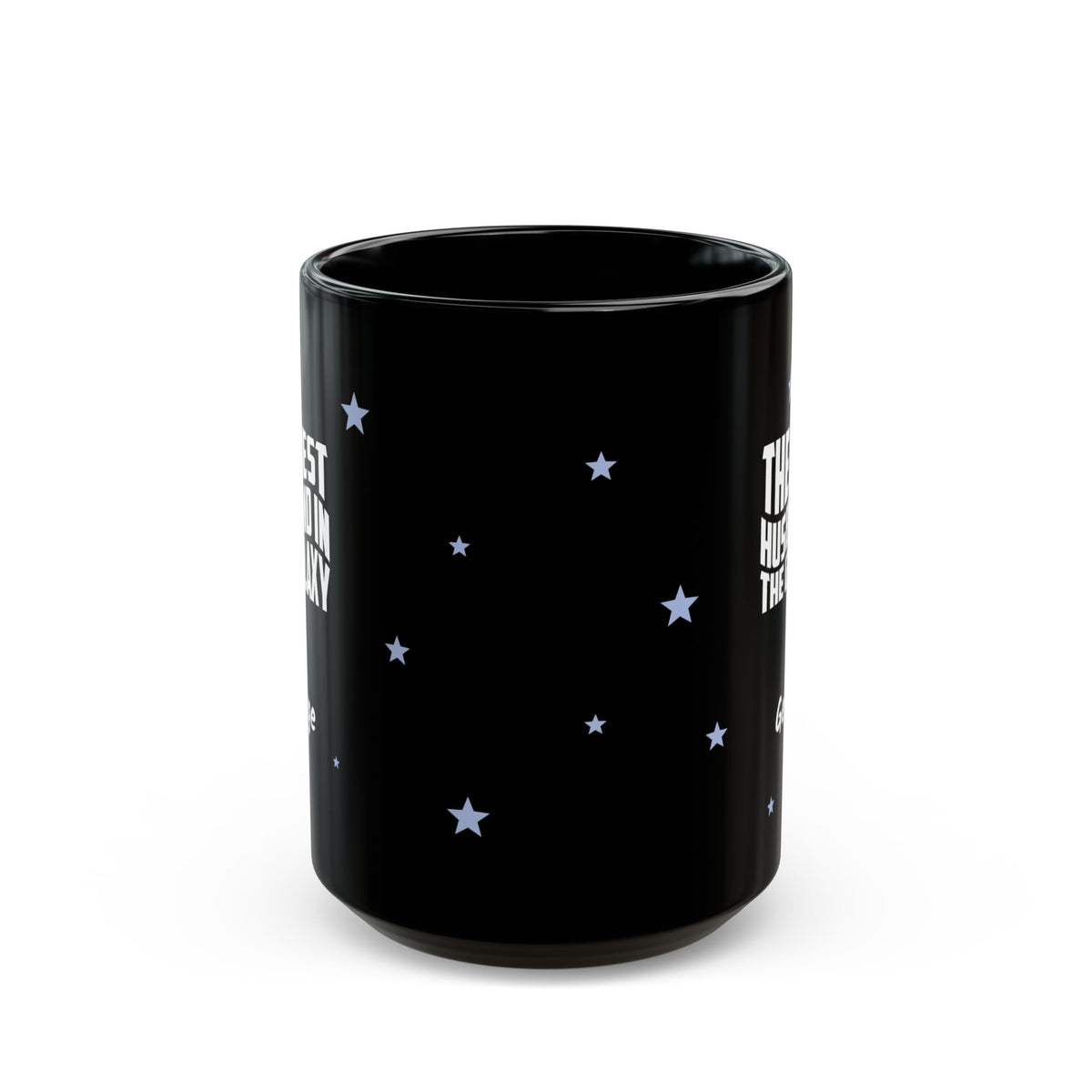 Side view of black ceramic 15oz mug with a starry night sky design, featuring white text on the sides and small light blue stars scattered across the surface. Mug is shown against a plain white background.