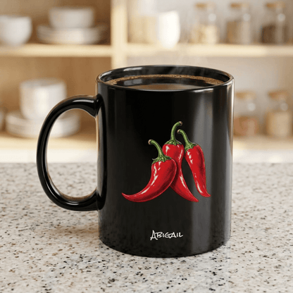 A black ceramic 11oz coffee mug with a handle, featuring a graphic of three red chili peppers and the name 'Abigail' printed in white script. The mug is filled with coffee and sits on a speckled granite countertop with a blurred kitchen background.
