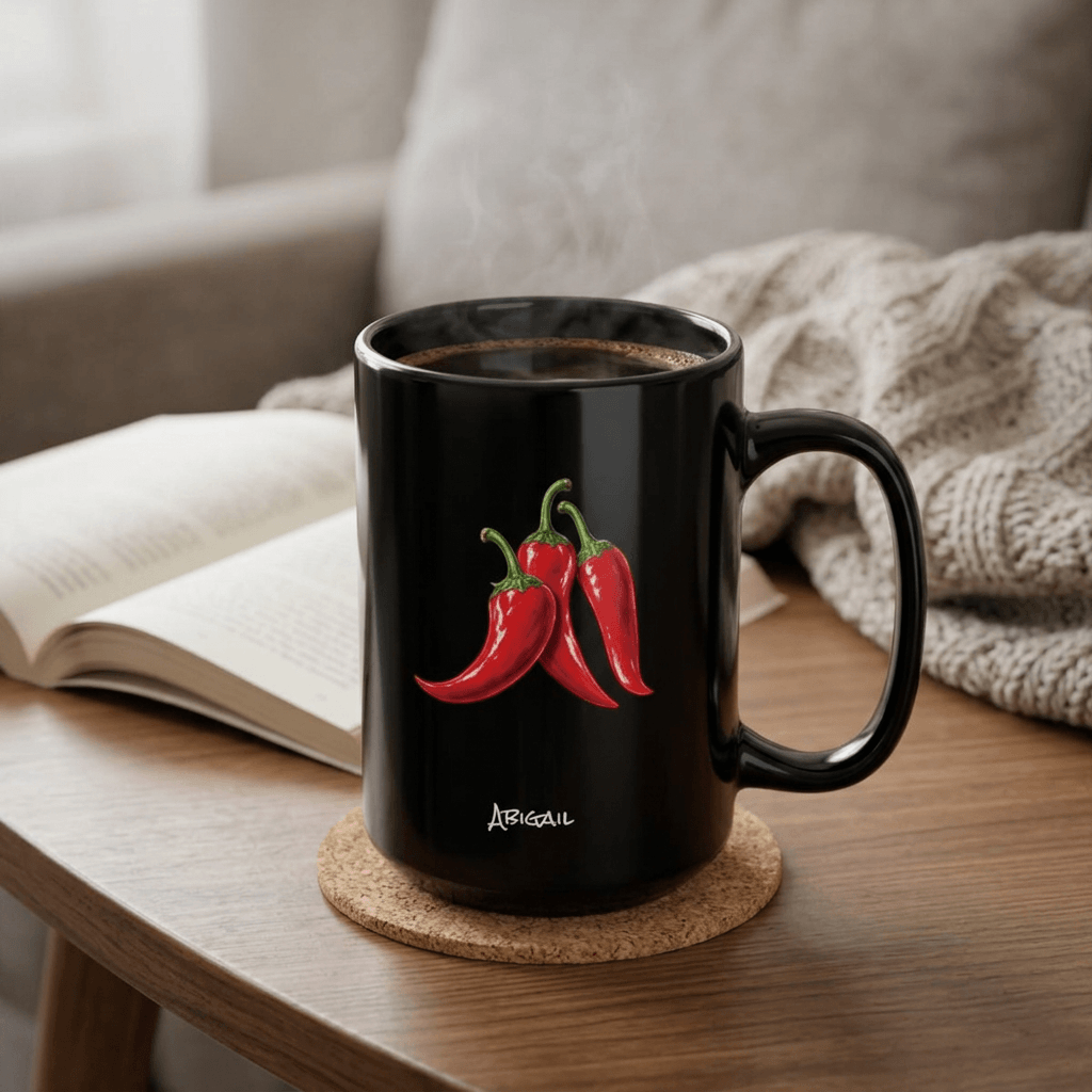 A black ceramic 15oz mug with a handle, featuring a graphic of three red chili peppers and the name 'Abigail' printed below, sitting on a cork coaster on a wooden table in a cozy living room setting.