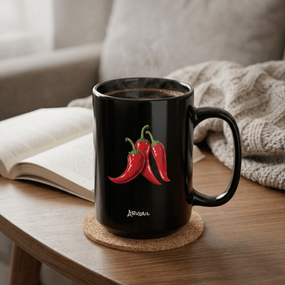 A black ceramic 15oz mug with a handle, featuring a graphic of three red chili peppers and the name 'Abigail' printed below, sitting on a cork coaster on a wooden table in a cozy living room setting.