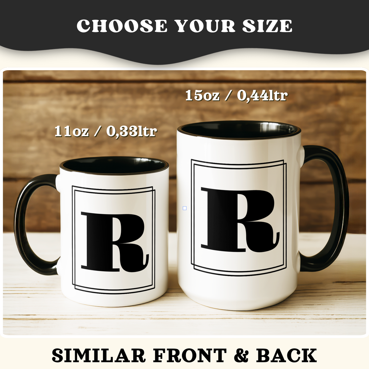 Two white ceramic mugs with black handles on a wood surface, labeled 11oz and 15oz size options.