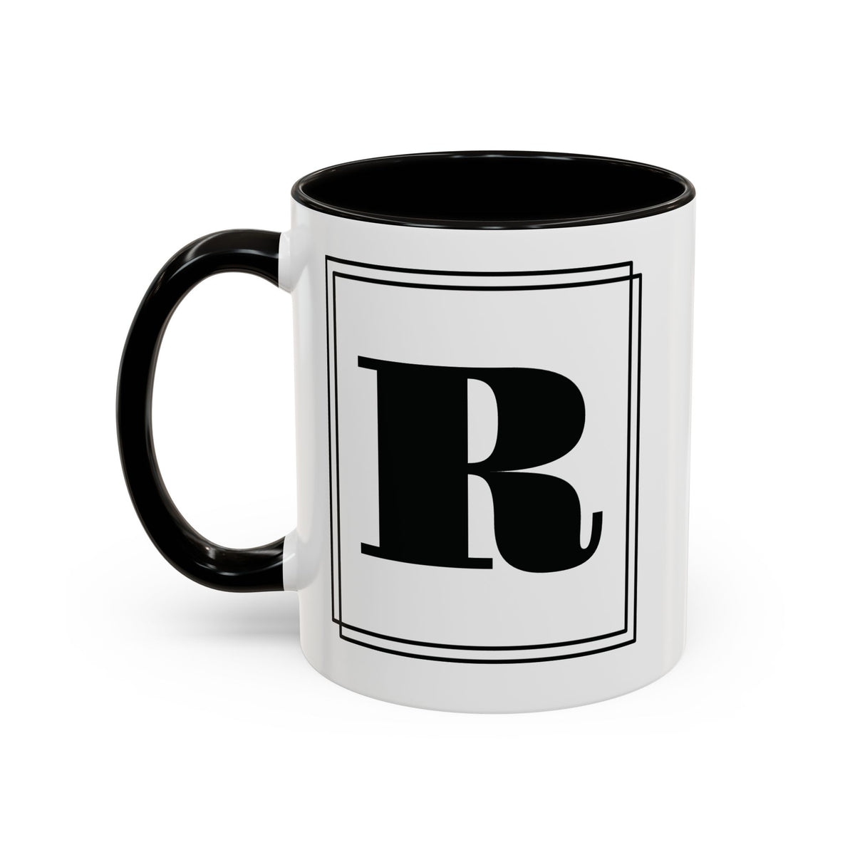 Personalized block letter monogram mug in black, 11oz left side view, letter framed by a double-line border.
