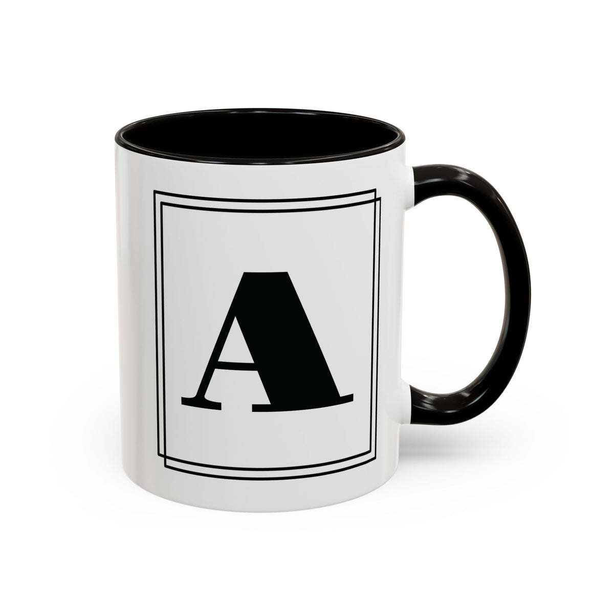 Personalized block letter monogram mug in black, 11oz right side view, letter framed by a double-line border.