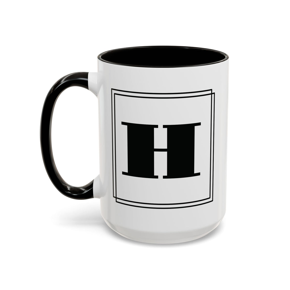 Personalized block letter monogram mug in black, 15oz left side view, letter framed by a double-line border.