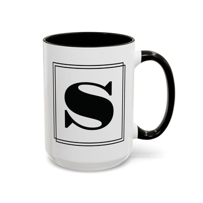 Personalized block letter monogram mug in black, letter framed by a double-line border, 15oz right side view.