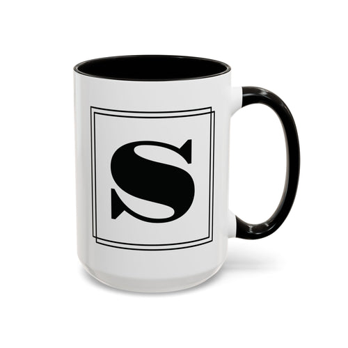 Personalized block letter monogram mug in black, letter framed by a double-line border, 15oz right side view.
