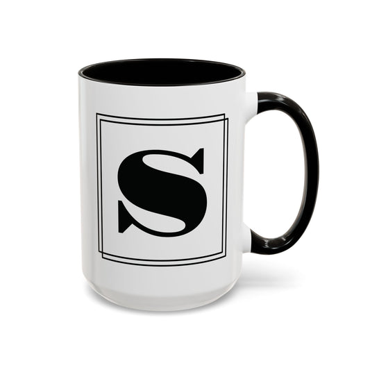 Personalized block letter monogram mug in black, letter framed by a double-line border, 15oz right side view.