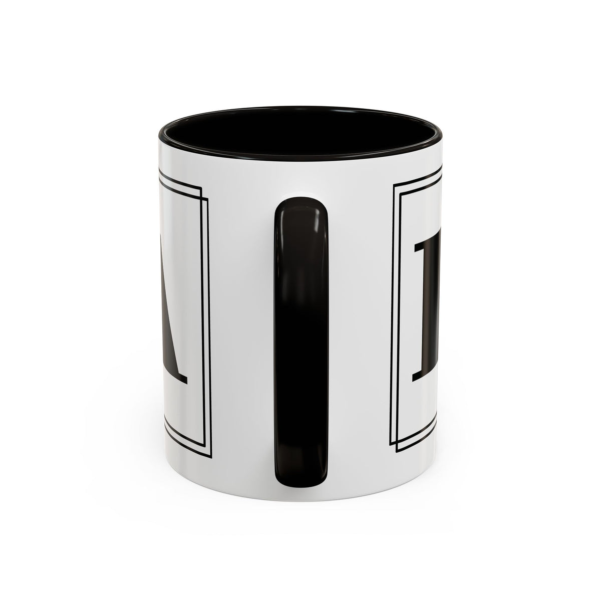 Close-up detail of the black handle on the personalized block letter monogram colorful mug.
