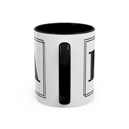 Close-up detail of the black handle on the personalized block letter monogram colorful mug.