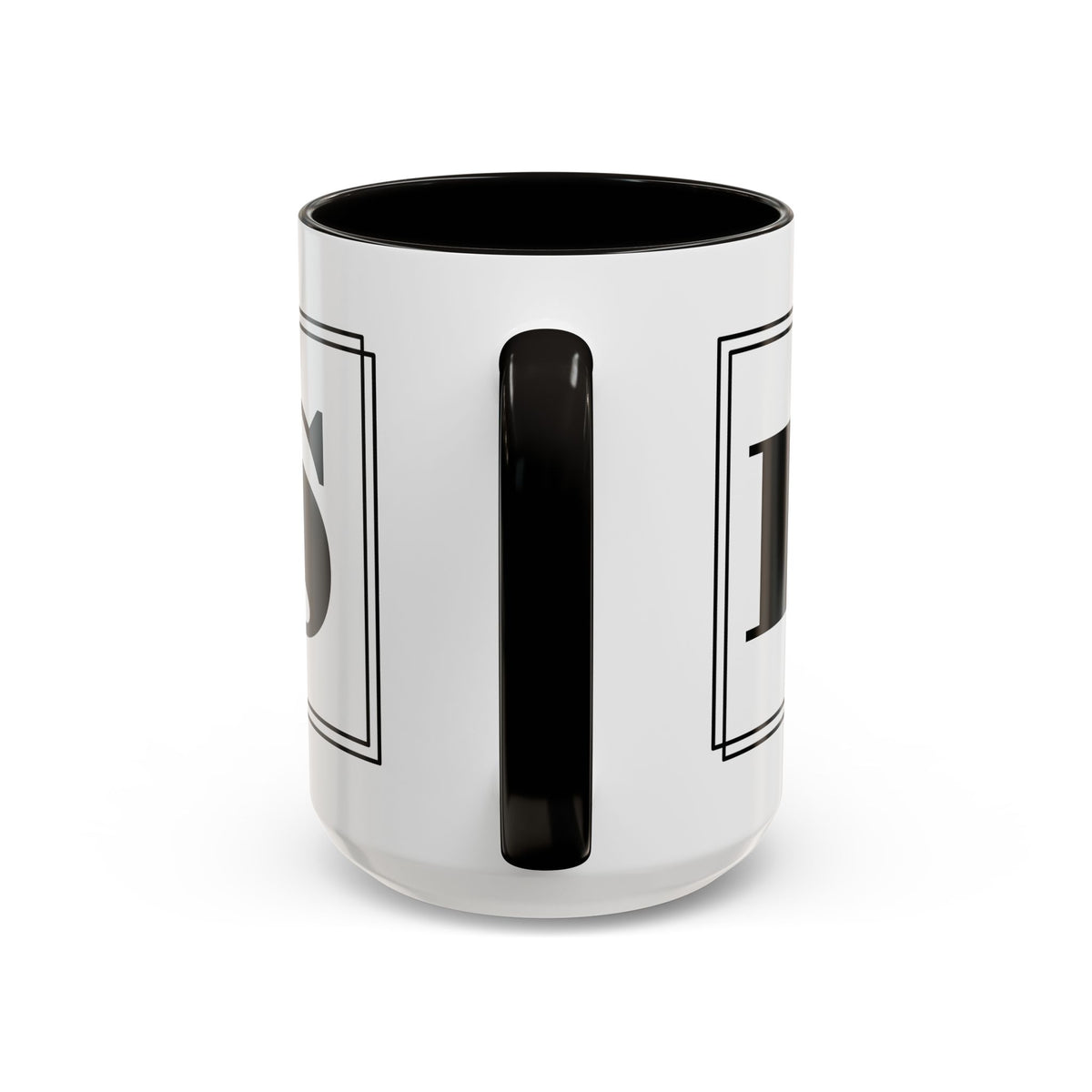 Close-up of the black handle on the personalized block letter monogram colorful mug.