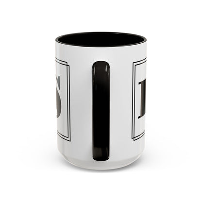 Close-up of the black handle on the personalized block letter monogram colorful mug.