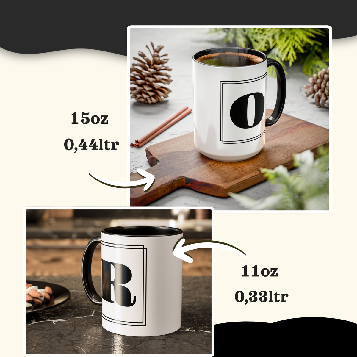 Two personalized block letter monogram mugs side by side comparing the 11oz and 15oz sizes.