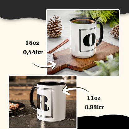 Two personalized block letter monogram mugs side by side comparing the 11oz and 15oz sizes.