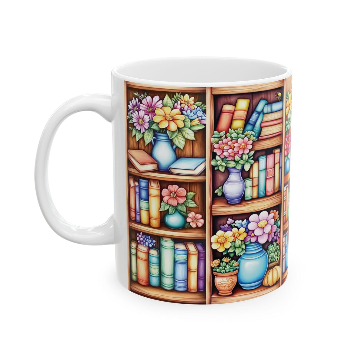 A white ceramic 11oz mug featuring a colorful printed illustration of bookshelves filled with books, vases, and flowers, shown on a plain white background. Left handle view.