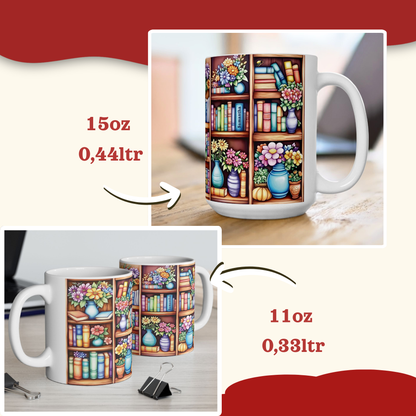 A product comparison graphic showing two white ceramic mugs with a colorful bookshelf and flowers printed design. The top inset shows a 15oz (0,44l) mug on a tabletop, and the bottom inset shows two 11oz (0,33l) mugs on a desk.