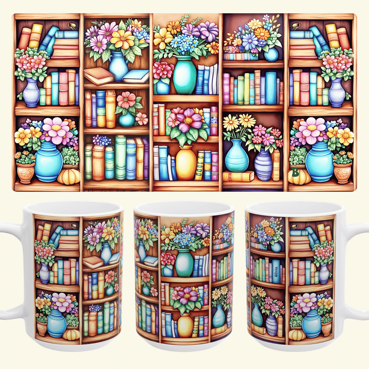Three white ceramic 15oz mugs with a colorful printed design of bookshelves filled with books and flowers, shown from multiple angles including front, back, and side views, with a larger flat view of the wrap-around print above.