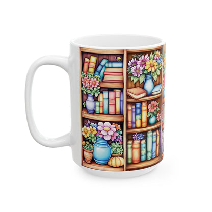 A white ceramic 15oz mug featuring a colorful printed illustration of a bookshelf filled with books, vases of flowers, and small decorative objects, shown on a plain white background. Left handle view.