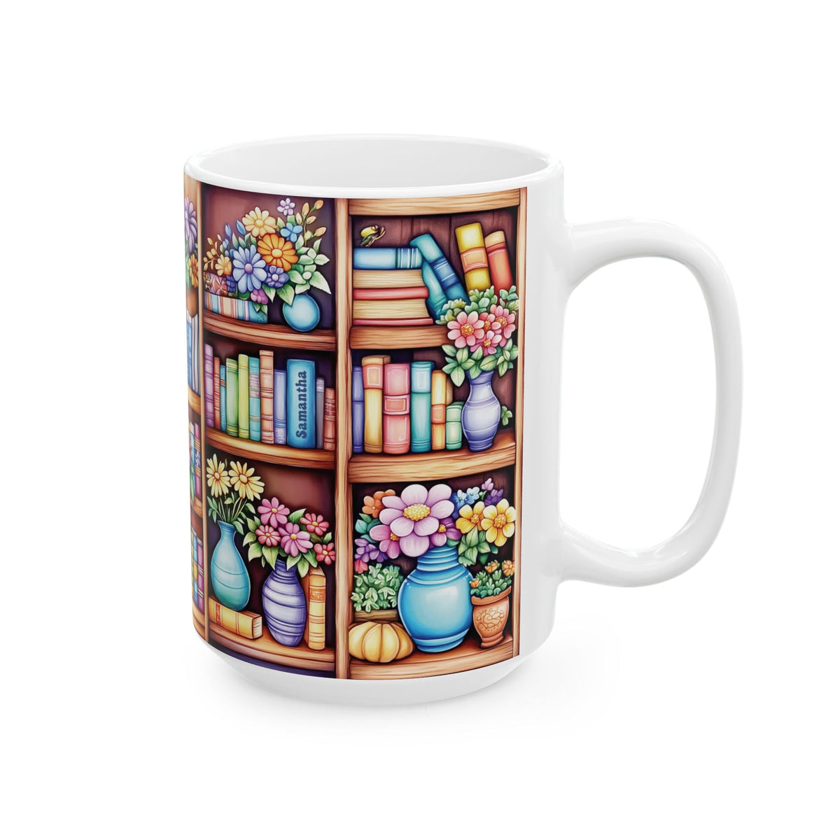 A white ceramic 15oz mug featuring a colorful printed illustration of wooden bookshelves filled with books, vases, and flowers, shown on a plain white background. A personalized name can be added on a book spine. Right handle view.