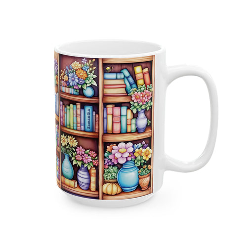 A white ceramic 15oz mug featuring a colorful printed illustration of wooden bookshelves filled with books, vases, and flowers, shown on a plain white background. A personalized name can be added on a book spine. Right handle view.
