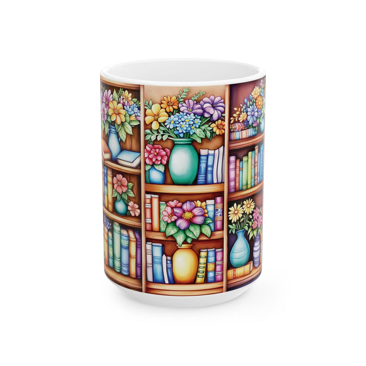 A white ceramic 15oz mug featuring a colorful printed illustration of bookshelves filled with books and vases of flowers, shown on a clean white background. Side view.