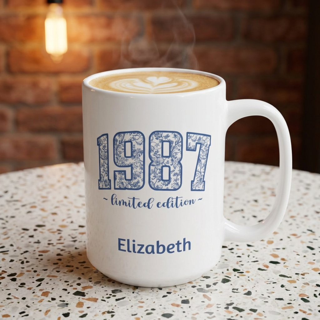 A white ceramic 15oz coffee mug with blue text reading '1987 limited edition' and 'Elizabeth', filled with a latte and placed on a speckled table in front of a brick wall.