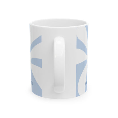Handle view of a white ceramic 11oz mug with a light blue abstract geometric pattern, shown from a side angle against a plain white background.