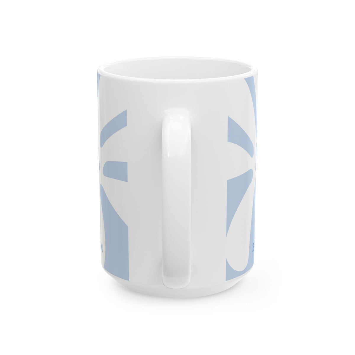 Handle view of a white ceramic 15oz coffee mug with a light blue geometric pattern, shown from a side angle on a white background.