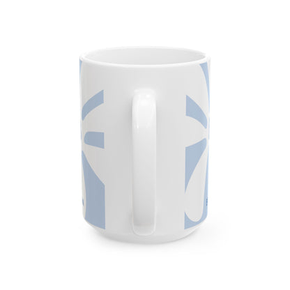 Handle view of a white ceramic 15oz coffee mug with a light blue geometric pattern, shown from a side angle on a white background.