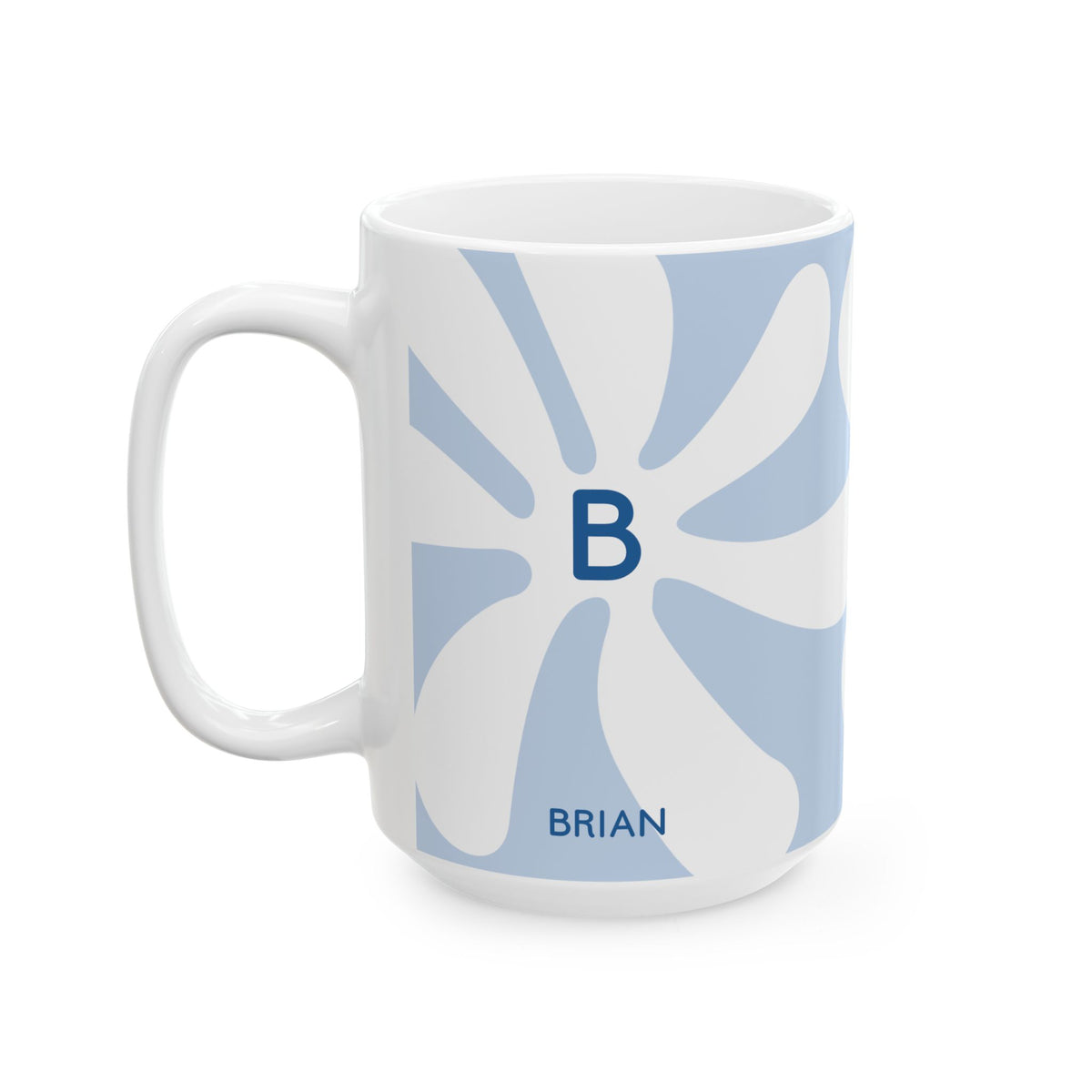 A white ceramic 15oz mug with a light blue retro sunburst pattern, featuring a dark blue monogram letter 'B' in the center and the name 'BRIAN' printed near the bottom. Left handle view.