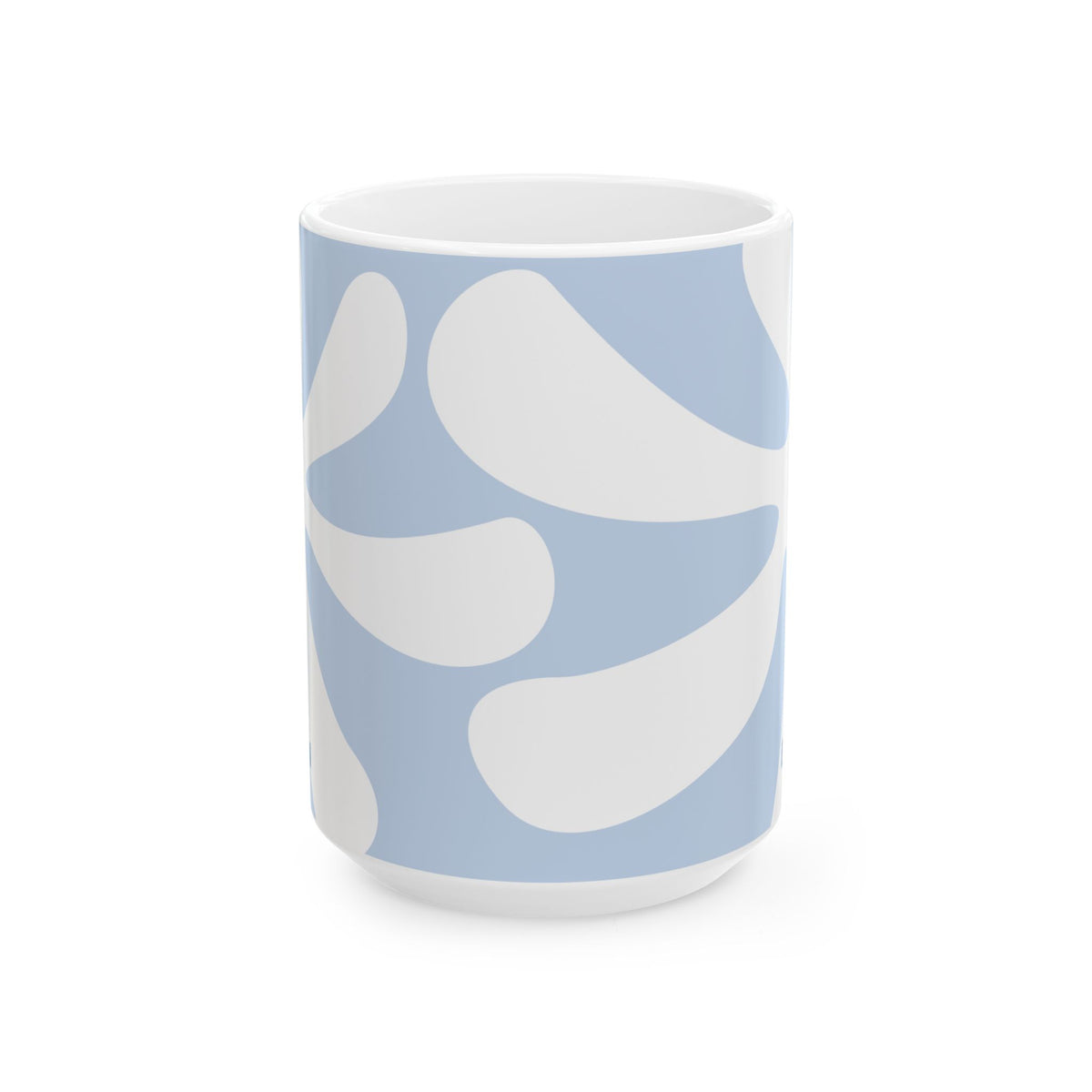 A white ceramic 15oz mug featuring a light blue and white abstract organic pattern, shown on a clean white background. Side view, handle not visible.