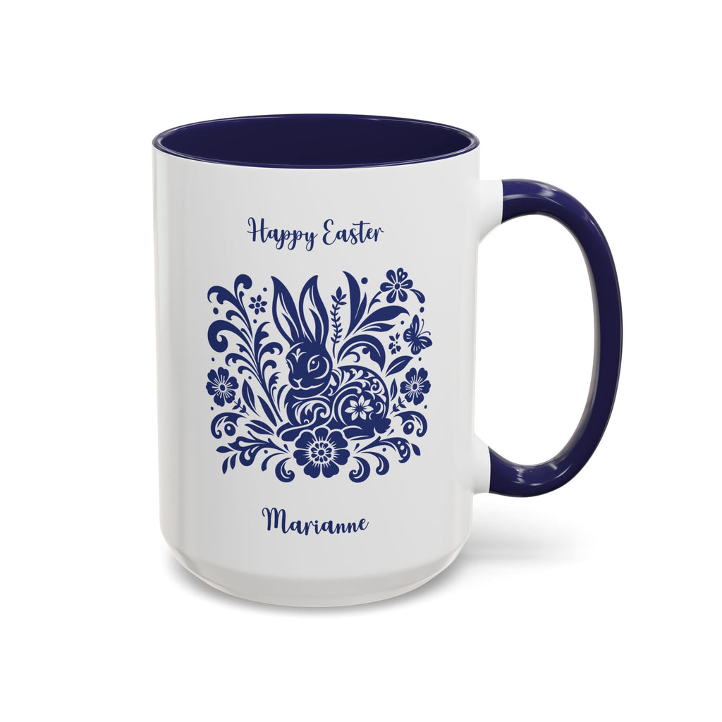 Personalised blue folk bunny Easter mug in navy, Happy Easter with a name