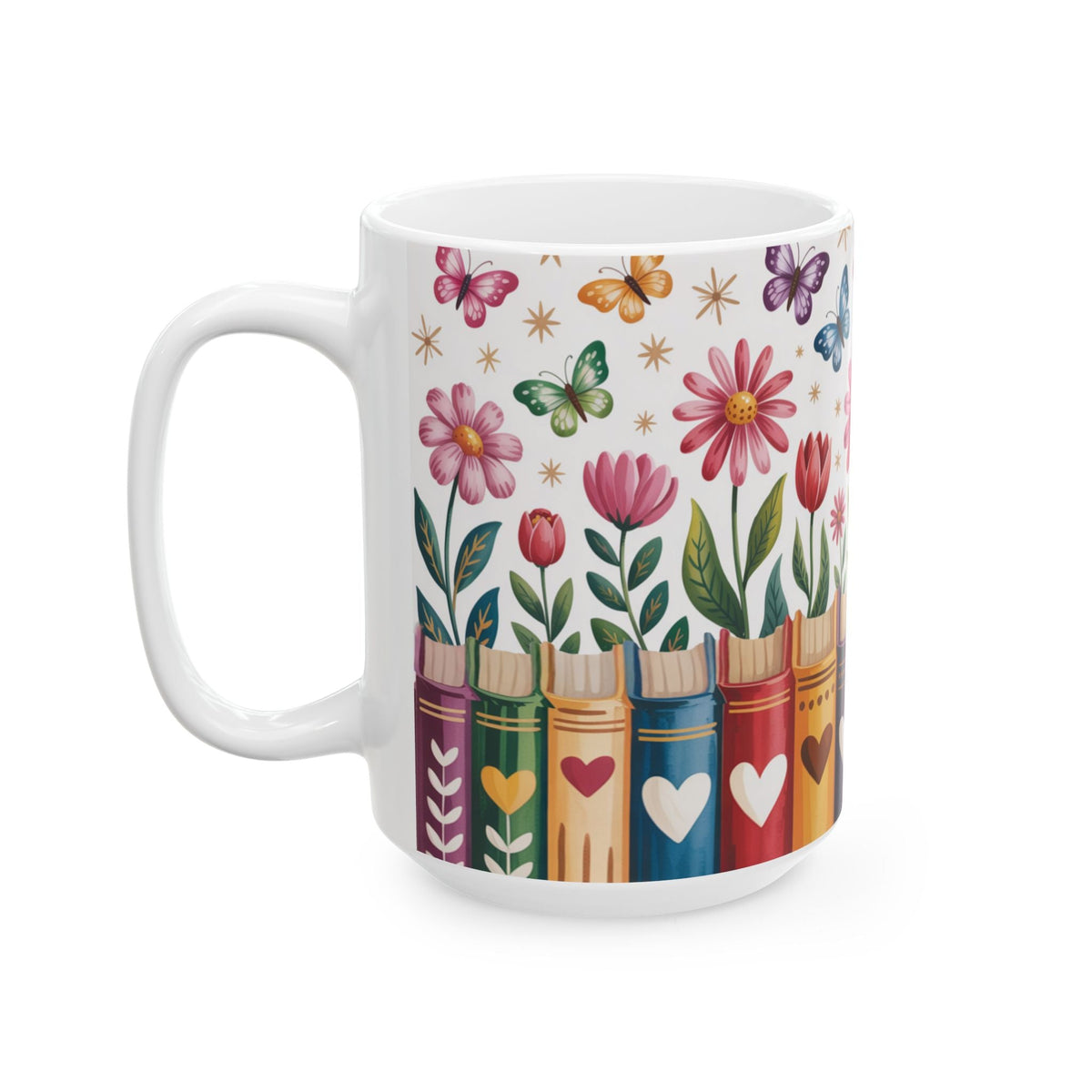 A white ceramic 11oz mug featuring a colorful printed design of potted flowers, butterflies, and book spines with hearts, shown on a clean white background. Left handle view.