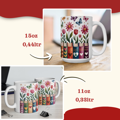 A product comparison graphic showing two white ceramic mugs with a colorful floral and book-cover style print. The top inset shows a larger 15oz mug, and the bottom inset shows a smaller 11oz mug, both with red text indicating capacity.