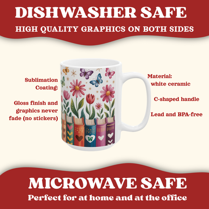 A white ceramic mug with a colorful floral and butterfly sublimation design and personalized initial in a heart on a book spine, shown on a light beige background with red promotional banners and text detailing its dishwasher and microwave safety.