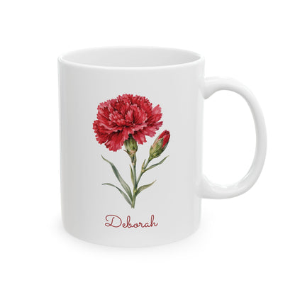 Carnation birth flower personalized ceramic mug, 11oz, right handle view.