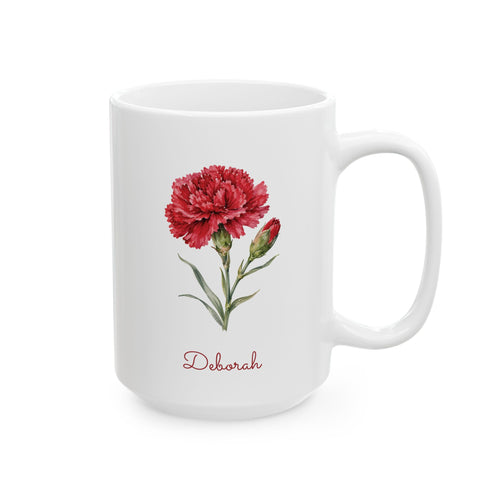 Carnation birth flower personalized ceramic mug, 15oz, right side view.
