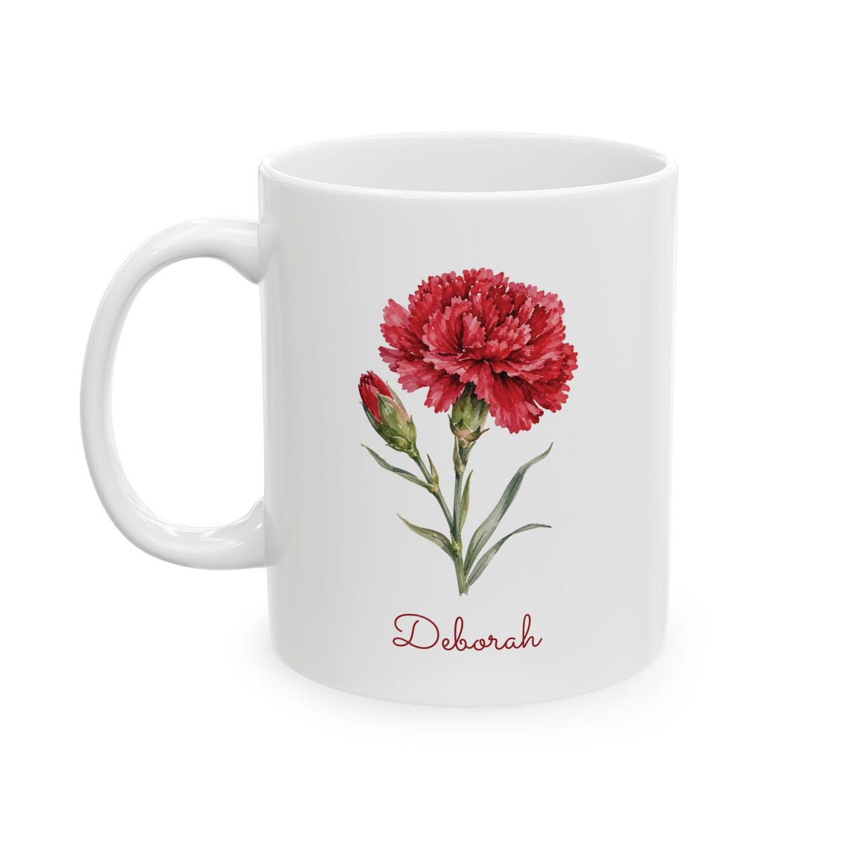 Carnation birth flower personalized ceramic mug, 11oz, left handle view.