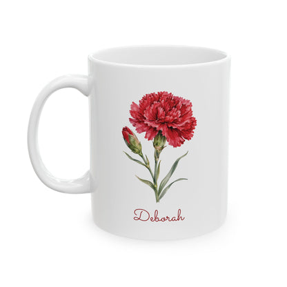 Carnation birth flower personalized ceramic mug, 11oz, left handle view.