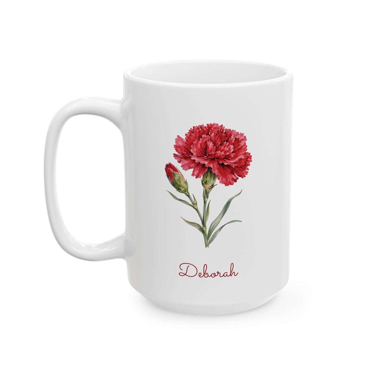 Carnation birth flower personalized ceramic mug, 15oz, left handle view.