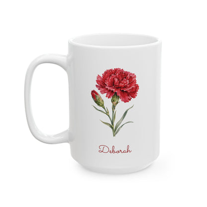 Carnation birth flower personalized ceramic mug, 15oz, left handle view.