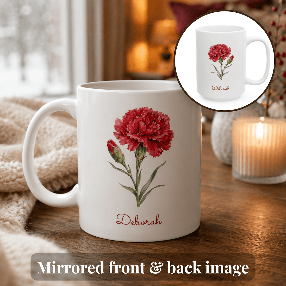 Carnation birth flower personalized ceramic mug. Circular inset shows the other side of the mug with mirrored flower image.