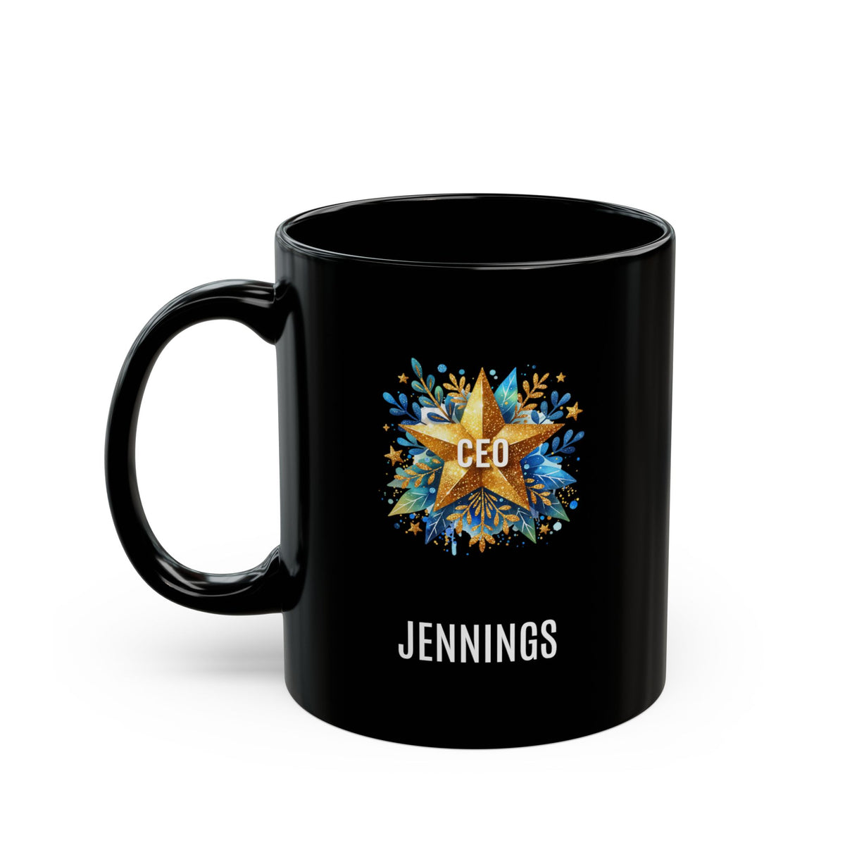 A black 11oz ceramic mug with a custom printed design featuring a gold star, blue floral accents, the text 'CEO' in the center, and personalized name 'JENNINGS' printed below in white. Left handle view. The mug is shown on a plain white background.